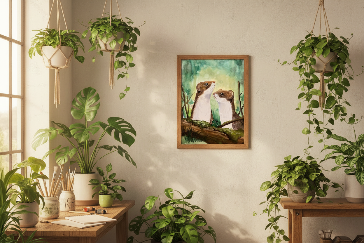 Framed watercolour print of two curious stoats hanging on a wall in a plant-filled studio