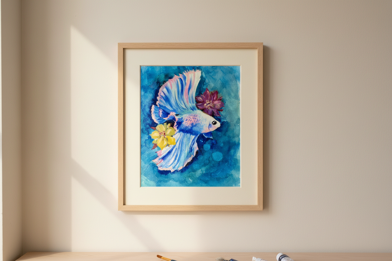 Framed watercolour print of a betta fish hanging in a simple art studio