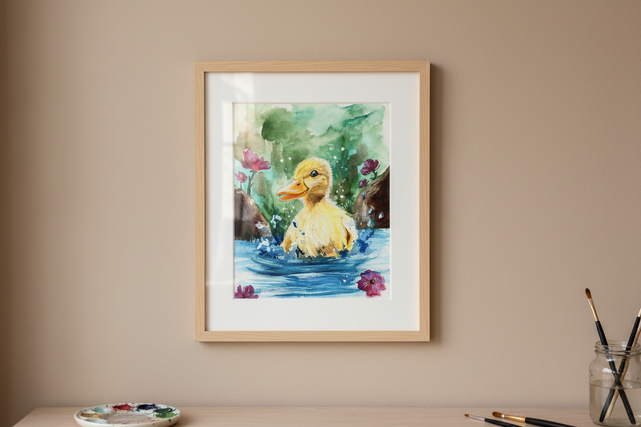 Framed watercolour print of a duckling in a pond hanging in a simple art studio