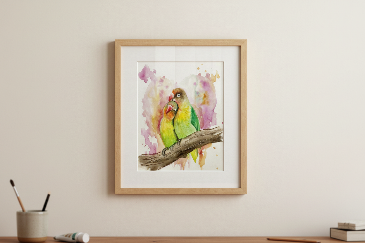 Framed watercolour print of two lovebirds hanging in a simple art studio