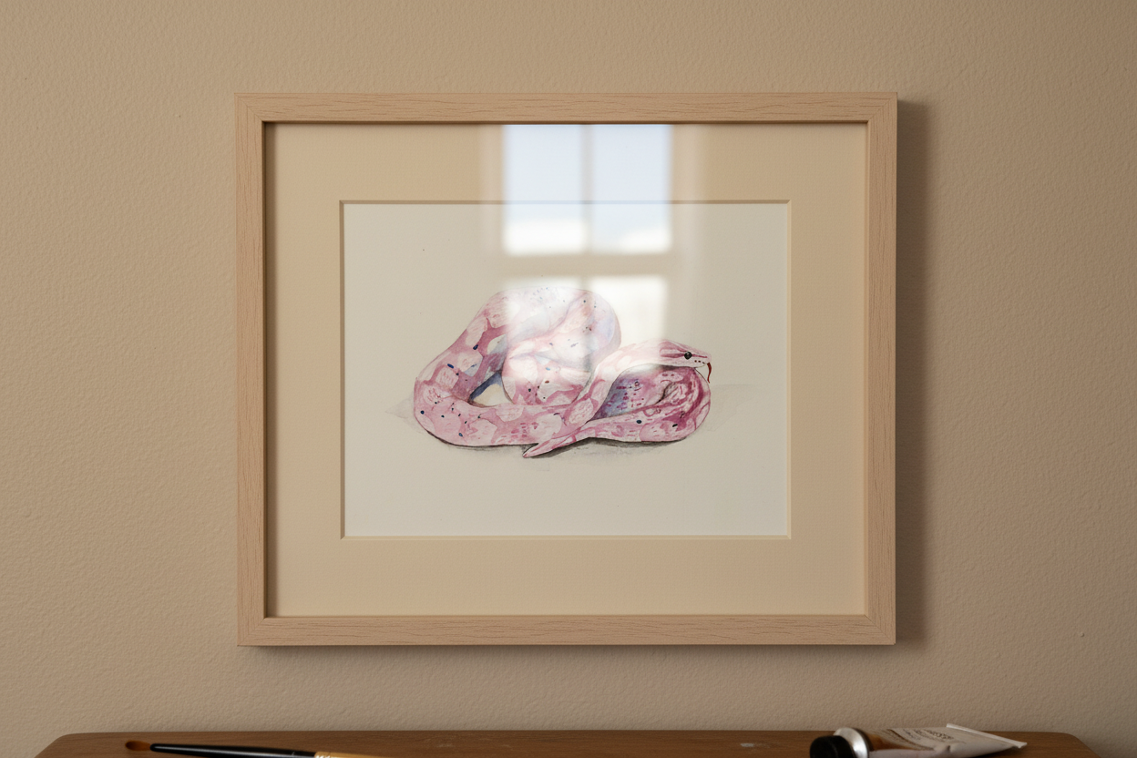 Framed watercolour print of a pink snake hanging in a simple art studio