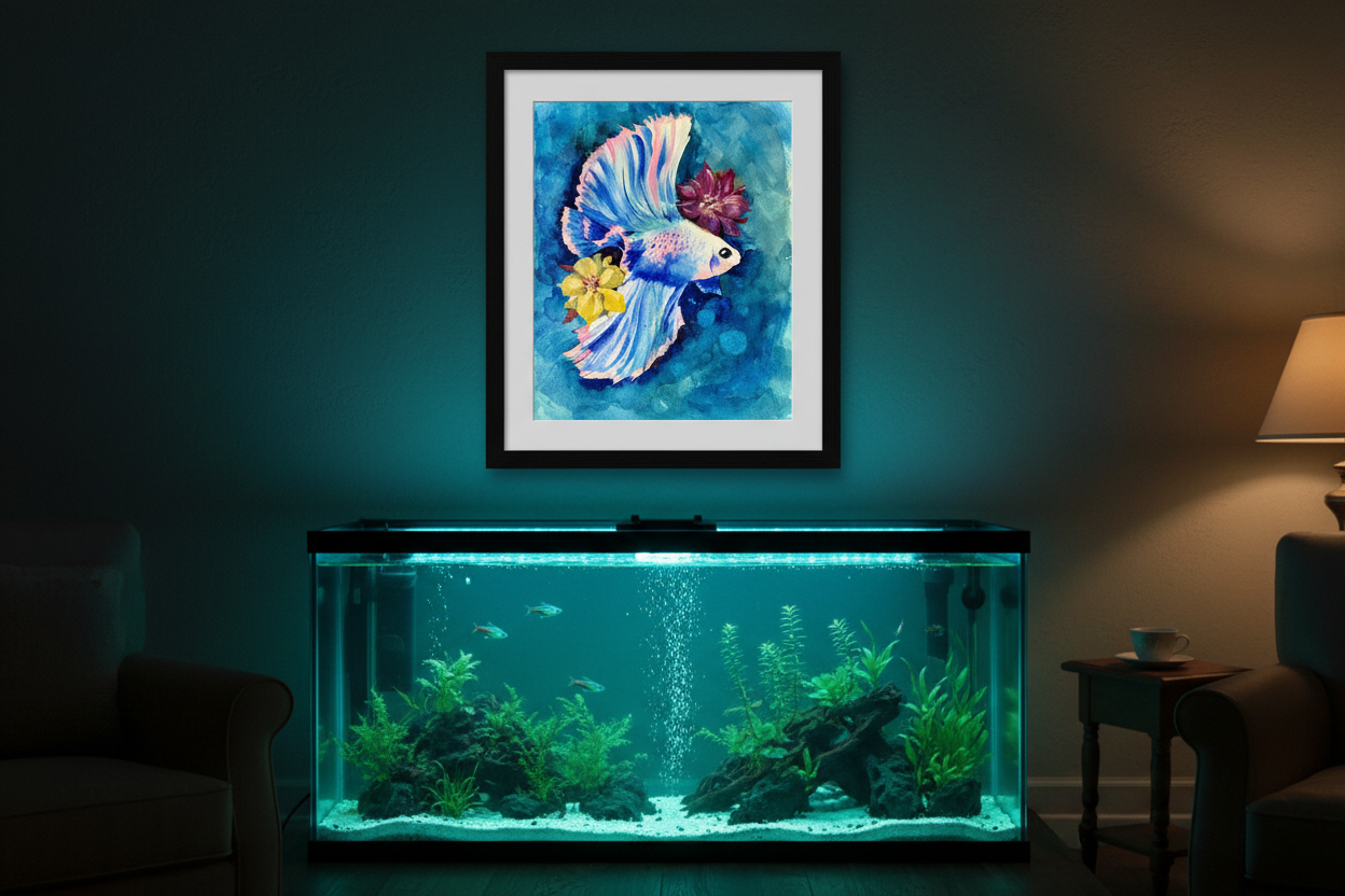 Framed watercolour betta fish print hanging above a glowing home aquarium